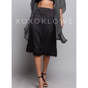 POL Black Satin Polka Dot Midi Skirt